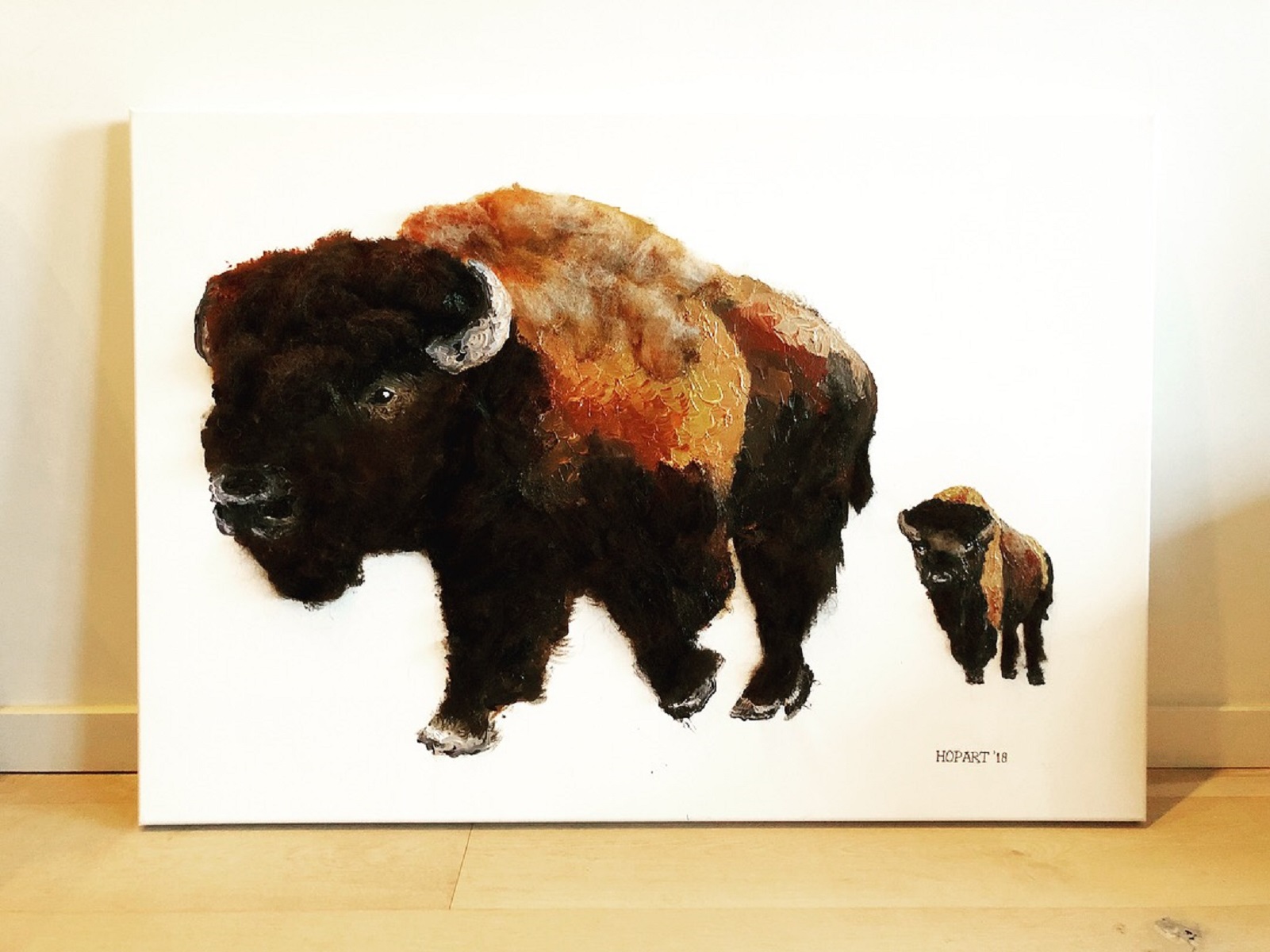 Bison on canvas with real Dutch wool, 70 x 100 cm