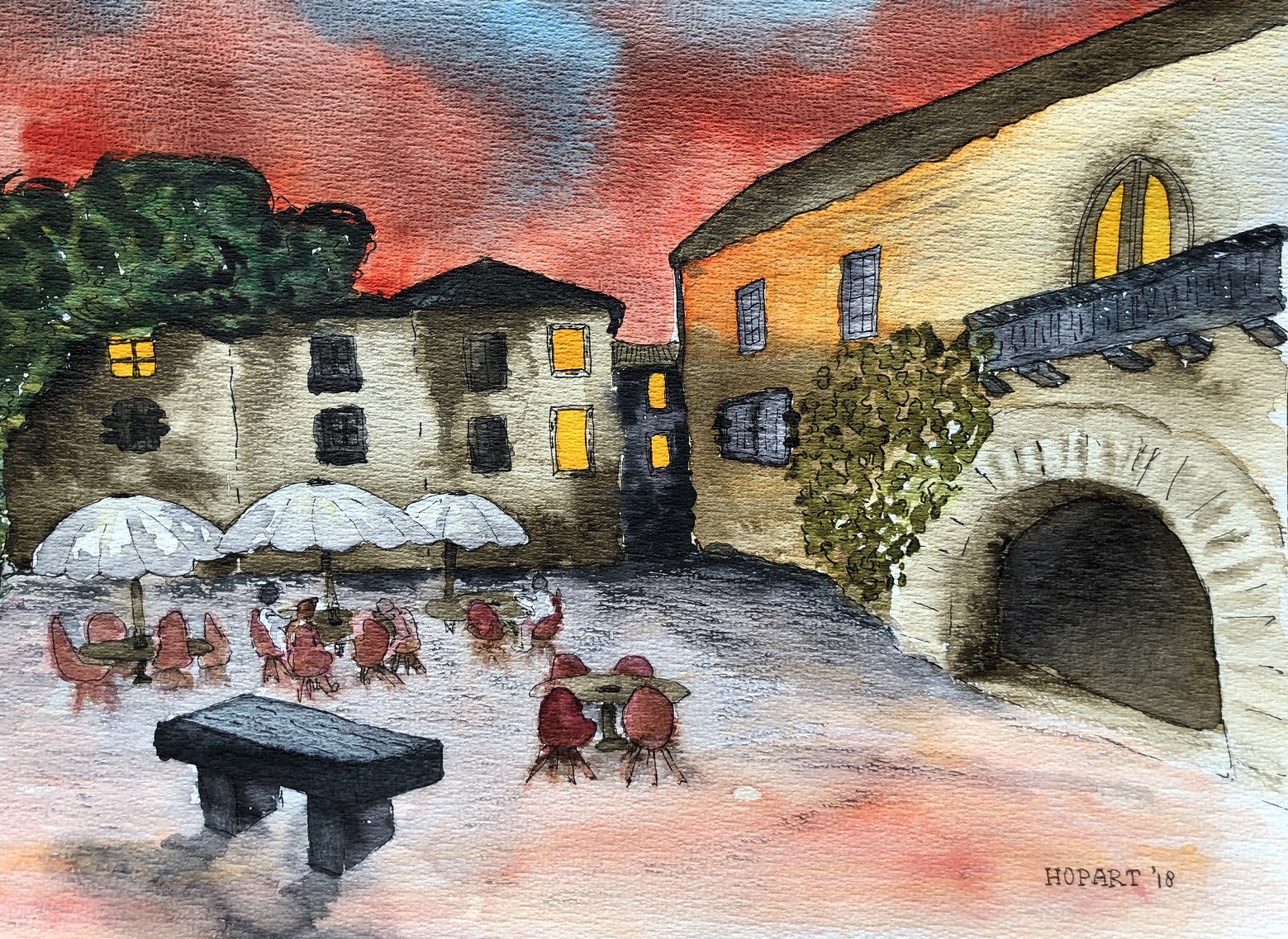 French village square with aquarel, 30 x 40 cm