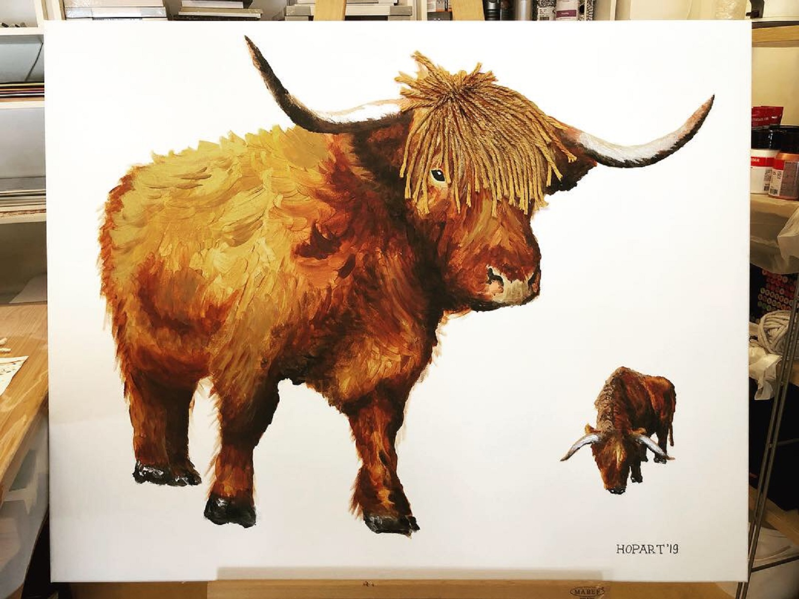 Scottish Highlander on canvas with textile